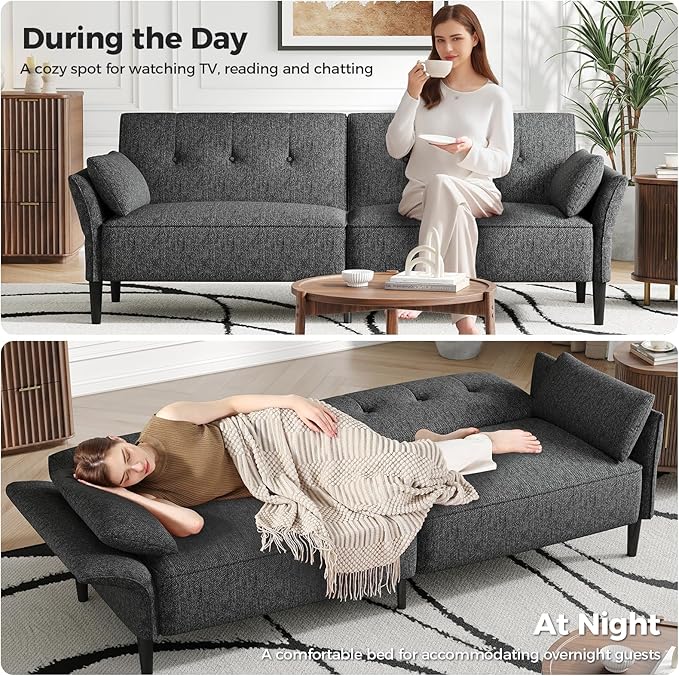 89” Futon Sofa Bed,Comfy Futon Couch Bed with 2 Square Pillows,Convertible Sleeper Sofa with Adjustable Backrest& Armrests, Modern Loveseat Sleeper for Living Room, Bedroom, Linen Dark Gray