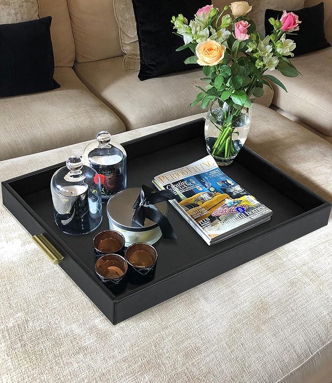 HofferRuffer Extra Large Serving Tray with Handles, Elegant Faux Leather Storage Decorative Tray for Coffee Table, Ottoman, Console Table, 20 x 16 x 2.2 inches (Black Tray+Golden Handle)