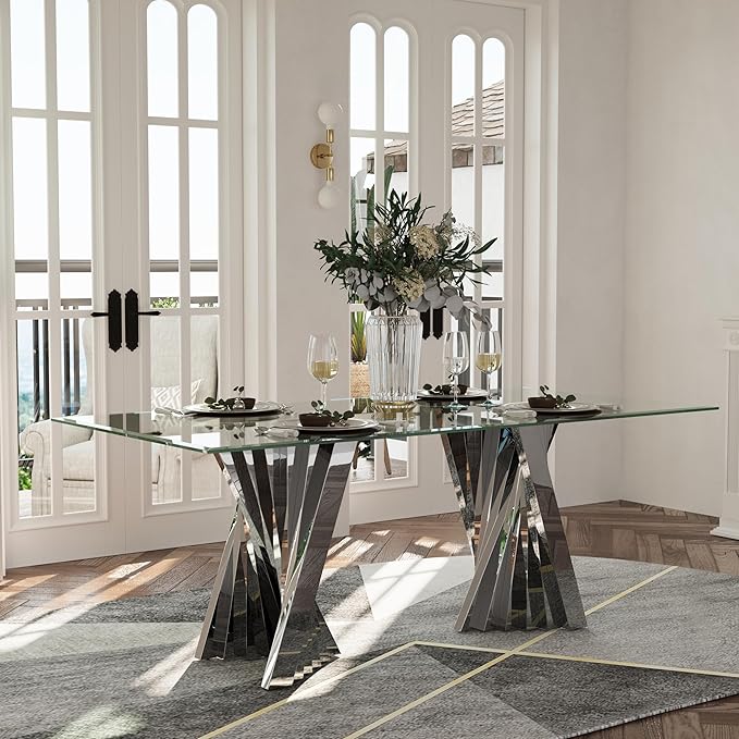 78" Silver Dining Table for 6-8, Modern Kitchen and Dining Table with Tempered Glass Top and Silver Mirrored Stainless Steel Base, Luxury Rectangular Dinner Room Table for Kitchen, Dining Room