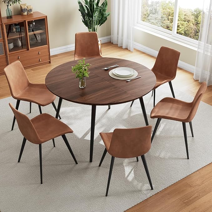 43.3"-59.1" Extendable Round Dining Table Set for 6, Mid Century Modern Wooden Round Table, Leisure Coffee Table,w/ 6 PU Leather Chairs