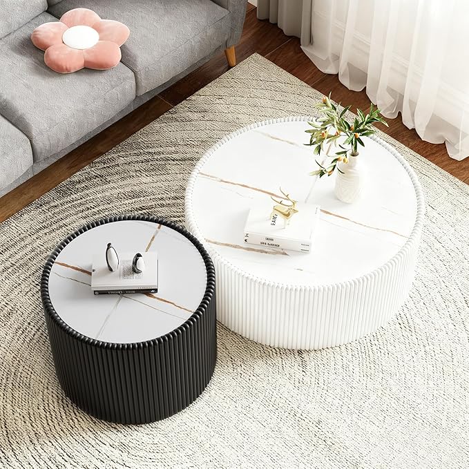 Round Coffee Table Set with Sintered Stone Tabletop, 29.52" White Drum Center Table and 17.71" Black Coffee Table Set, 2 Pieces Living Room Table Set with Fluted PU Leather Cover& Stable Base