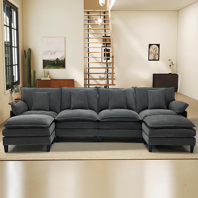 Modular Sectional Sofa, Comfy Cloud Couch with Movable Ottoman, Deep Seat Couches for Living Room, Bedroom and Apartment, 140" U Shaped Modern Sofa with Pillows, Grey