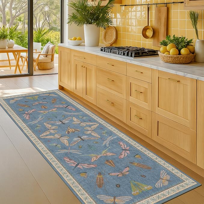 Boho Non Slip Kitchen Rug Runner - 2x5 Blue Washable Thin Rug for Bathroom, Laundry Room, Hallway, Non Slip with Rubber Backing, Insect Print Unique Runner