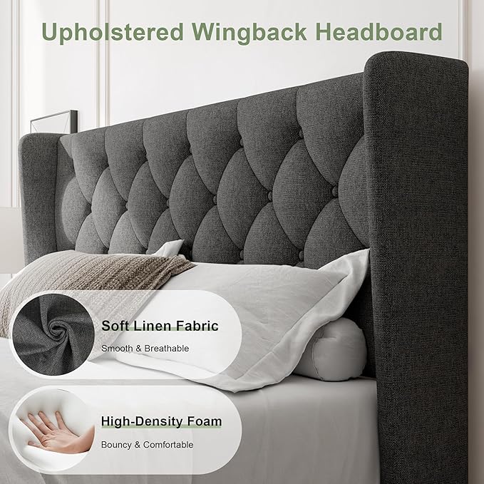 Feonase Queen Size Bed Frame with Diamond Tufted Wingback Headboard, Morden Upholstered Platform Bed, Sturdy Wooden Slats Support, Noise-Free, No Box Spring Needed, Easy Assembly, Dark Gray