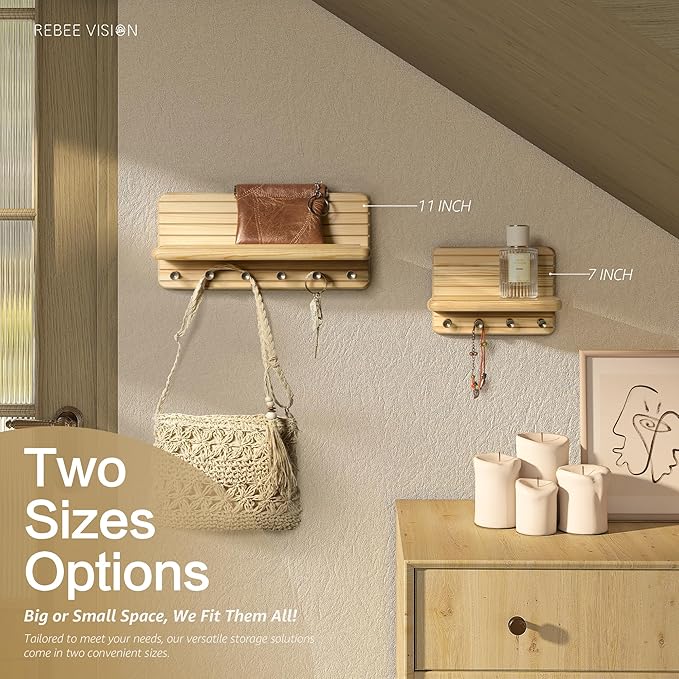 Rebee Vision Decorative Key Holder Wall Mount – Farmhouse 11-Inch Pine Wooden Key Holder for Wall with 6 Hooks & Floating Shelf - Chic and Functional Home Decor Solution (Natural Wood)