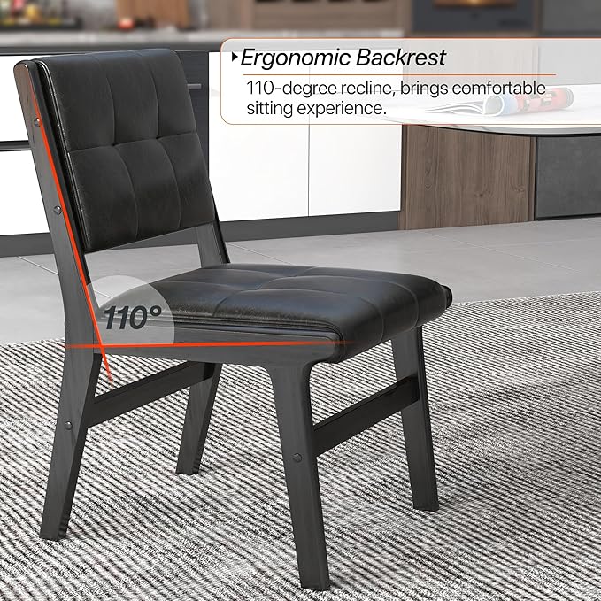 KCC Modern PU Leather Dining Chairs Set of 2, Upholstered Kitchen Chairs with Solid Wood Legs and Comfortable Seat for Dining Room/Lounge/Bedroom(Black)