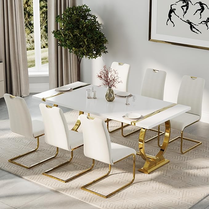 ACEDÉCOR 80in White and Gold Dining Table for 6-8, Modern Luxury Kitchen Room Table with Rectangular Lacquer Top and Gold Stainless Steel Circle Base
