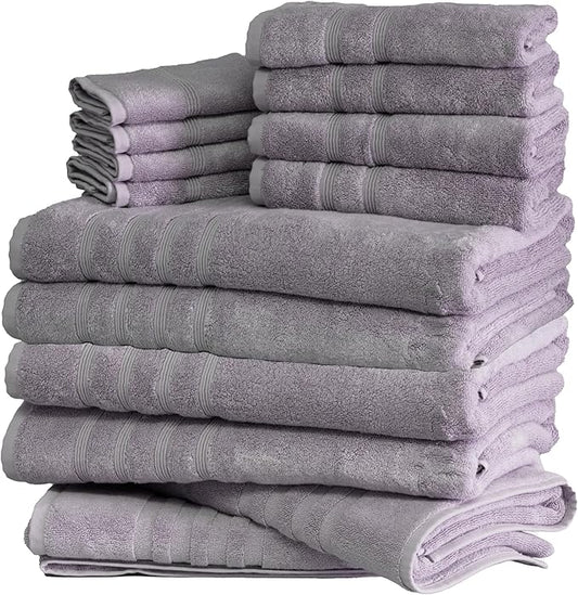 Mosobam Luxury Turkish 14pc XL Deluxe Bath Bundle Body Hand Face Towel and Mat Lavender Aura 700 GSM & 1000 GSM Bamboo Viscose & Aegean Turkish Combed Cotton
