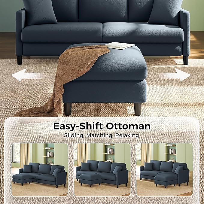 83" Couches for Living Room, Comfy Sofas for Living Room with Storage Ottoman, Teddy Sofa Couch, Tool-Free Loveseat Sofa, All-Wood Love Seat Couches, L Shaped Couch 2 Pillow Include, Blue Grey