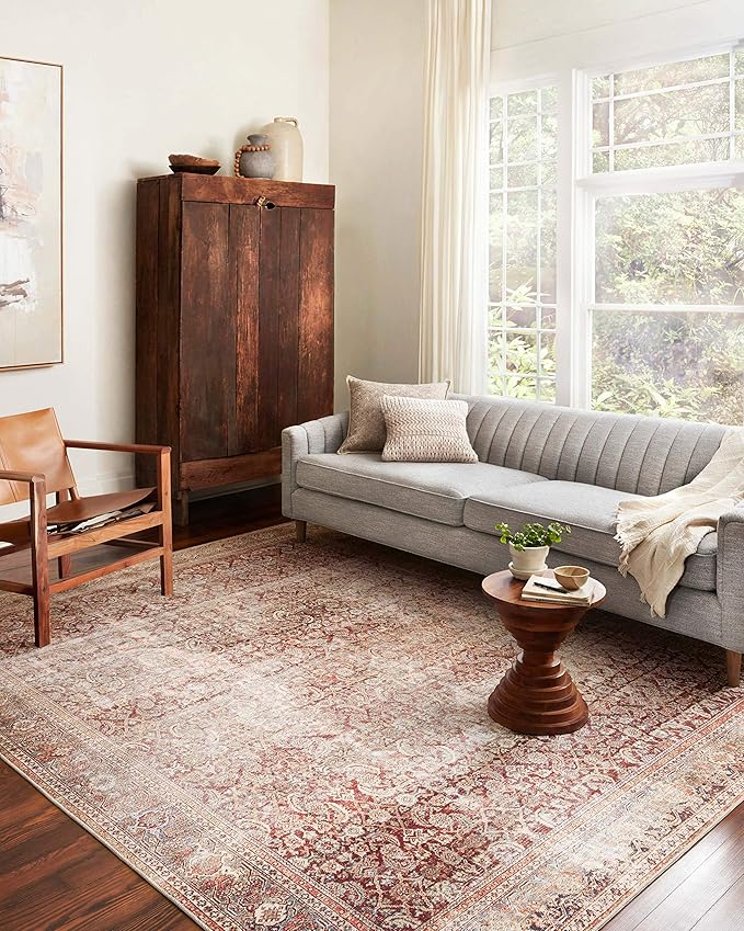 Loloi Layla Collection LAY-11 Cinnamon/Sage 2'-6" x 7'-6" .13" Thick Runner Rug, Soft, Durable, Vintage Inspired, Distressed, Low Pile, Non-Shedding, Easy Clean, Printed, Living Room Rug