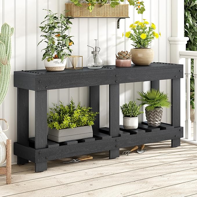 62.9" Vintage Entryway Table - Solid Cedar Wood with Natural Grain, 6 Reinforced Legs & 4.5" Thick Desktop, Metal Rivet Decor & Plank Under-Shelf, Console Table for Hallway, Living Room (Black)