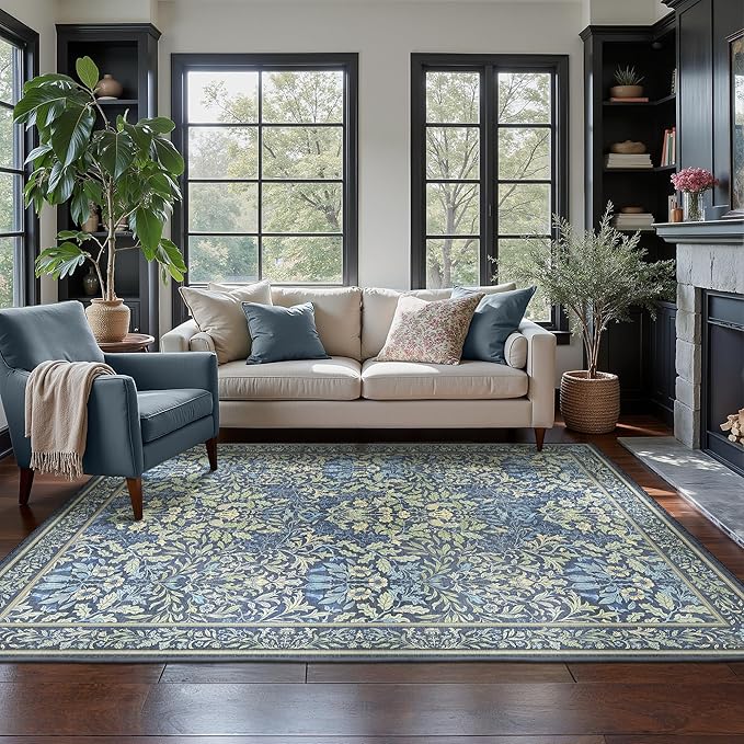 GENIMO 5x7 Washable Area Rug, Non-Slip Vintage Boho Floral Carpet, Soft Low-Pile Thin Bedroom Rug for Living Room, Dining Room, Nursery, Dark Blue