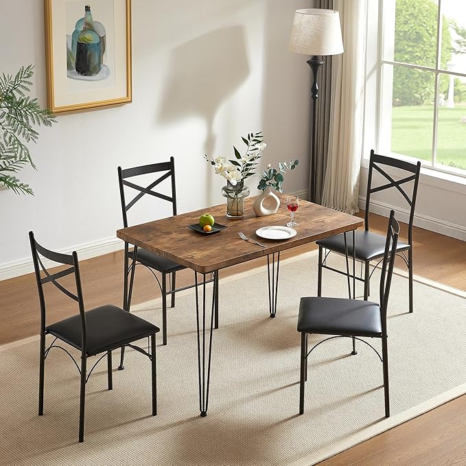 VECELO Dining Table Set for 4, Kitchen Table Set with 4 Chairs for Small Space, Space-Saving and Modern Design, Apartment, Easy to Assemble,Brown