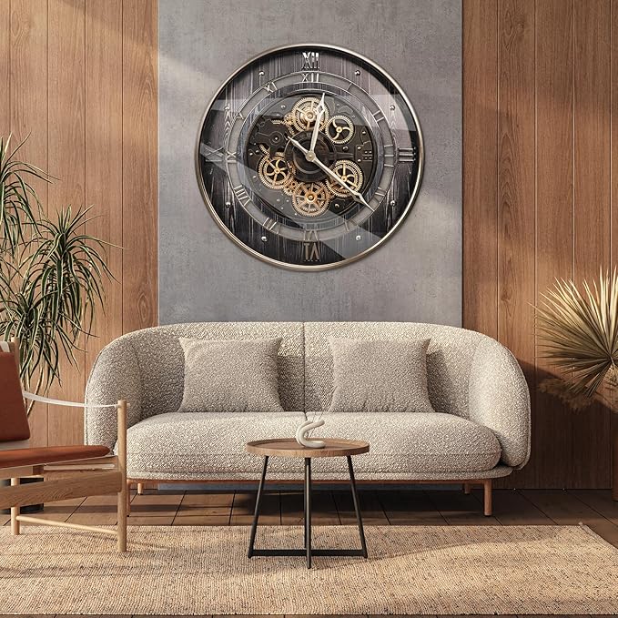 HOIBAI Wall Clock, 24 Inch Moving Gears Clock Large Wall Clock for Living Room Decor Rustic Vintage Industrial Steampunk Farmhouse Big Clock for Home Kitchen Bedroom Office