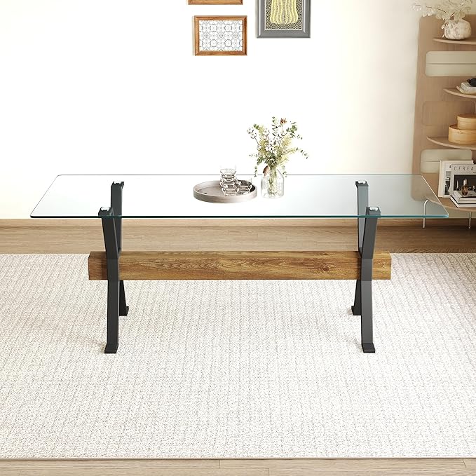 79" Glass Dining Table, Modern Kitchen Table, Modern Dining Table for 8, 0.4" Thick Tempered Glass Tabletop with Matte Black Metal Legs and Wooden Crossbar, Ideal for Dining Room, Kitchen