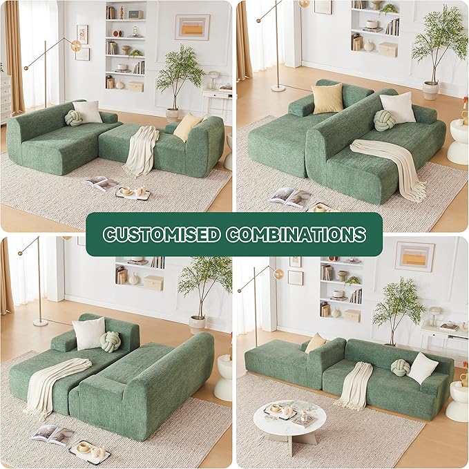 107” Chenille Modular Sectional Sofa, Boneless Couch Modern Sponge Sofa for Living Room, High Density Sponges Cloud Couch Sectional, L-Shape Couches for Living Room, Green