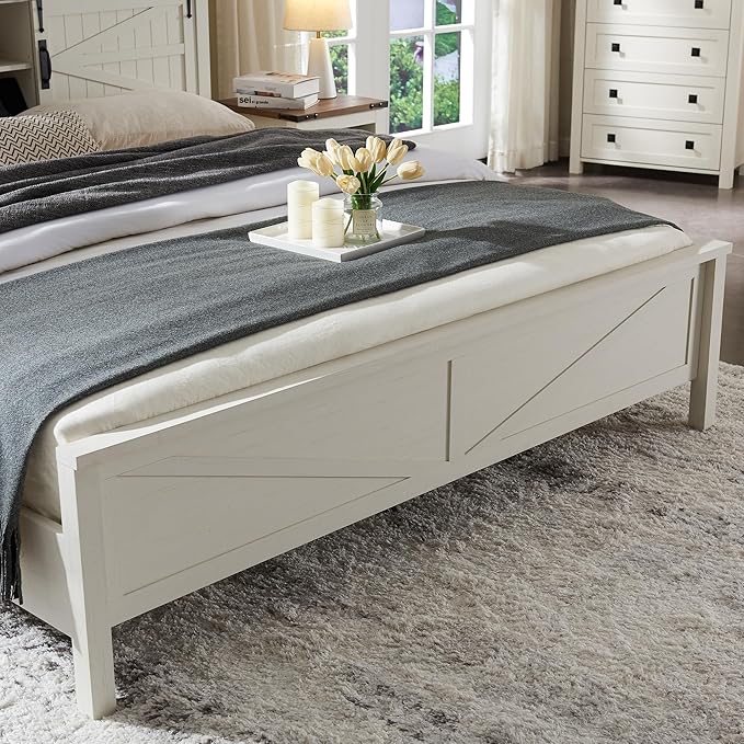 RedLemon Farmhouse King Size Bed Frame with Bookcase Headboard, Sliding Barn Door, Storage Cabinet, Charging Station, Wood Slats Support, No Box Spring Needed