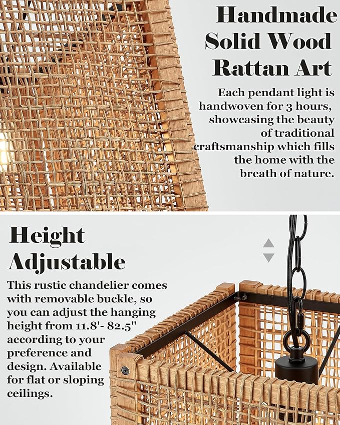 ELYONA 1-Light Rattan Pendant Light, 12" Square Solid Wood Frame Woven Pendant Light Fixtures Boho Adjustable Hanging Chandelier for Dining Room, Kitchen Island, Living Room, Bedroom, Bar, Hallway