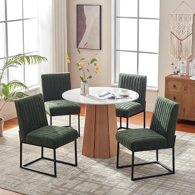VKNOW Upholstered Dining Chairs, Modern Dining Room Chairs with Stripe, Linen Kitchen Chair Dinner Chair with Black Metal Base for Kitchen Office, Green