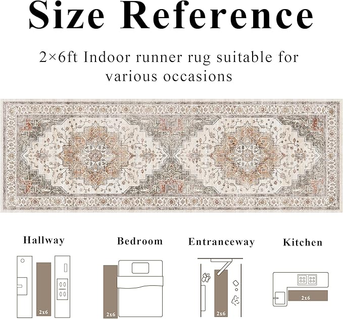 2x6 Vintage Runner Rug Low Pile Runners Non-Slip Machine Washable Rug Retro Distressed Print Lightweight Carpet for Hallway Kitchen Living Room Bedroom Laundry Room
