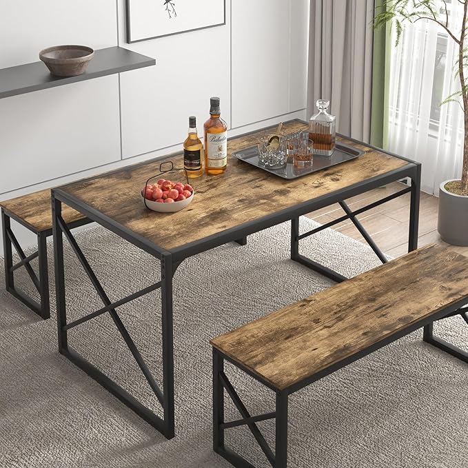 VECELO Kitchen Dining Table Benches Set for 4, 55" Wooden Dinette with 2 Benches, Heavy-Duty Dining Room Table for Small Space, Breakfast Nook, Brown