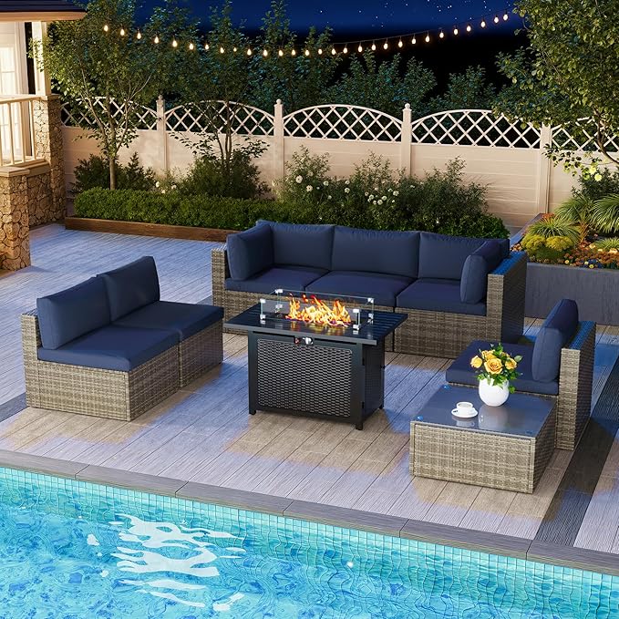 8 Pieces Outdoor Patio Furniture Set with 43" Fire Pit Table, Wicker Outdoor Patio Sectional Sofas with Cushions and Coffee Table, All-Weather Patio Conversation Set for Garden Backyard, Navy Blue