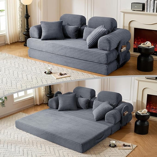 Convertible Sofa Bed,79'' Foldable Sleeper Lounge Modular Couch Comfort Compression Sofa Loveseat for Small Spaces Comfort for Apartment Bedroom (Corduroy Fabric, Dark Grey1)