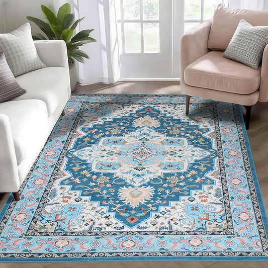 WILLSUN Washable Area Rugs, 4x6 Non-Slip Boho Large Area Rugs for Living Room, Bedroom, Machine Washable Vintage Rug, Indoor Floral Print Carpet for Home Decor, Kid & Pet Friendly Mat