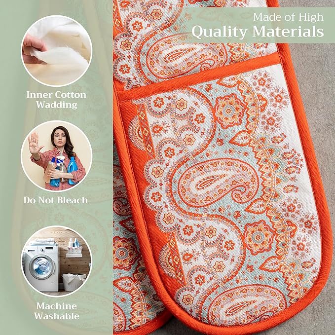 Maison d' Hermine Double Oven Mitt (7" x 35") 100% Cotton Heat Resistant BBQ Cooking Gloves with Loop for Thanksgiving Christmas Decorations Baking Cooking Barbeque Handling Hot Pan (Cachemire)