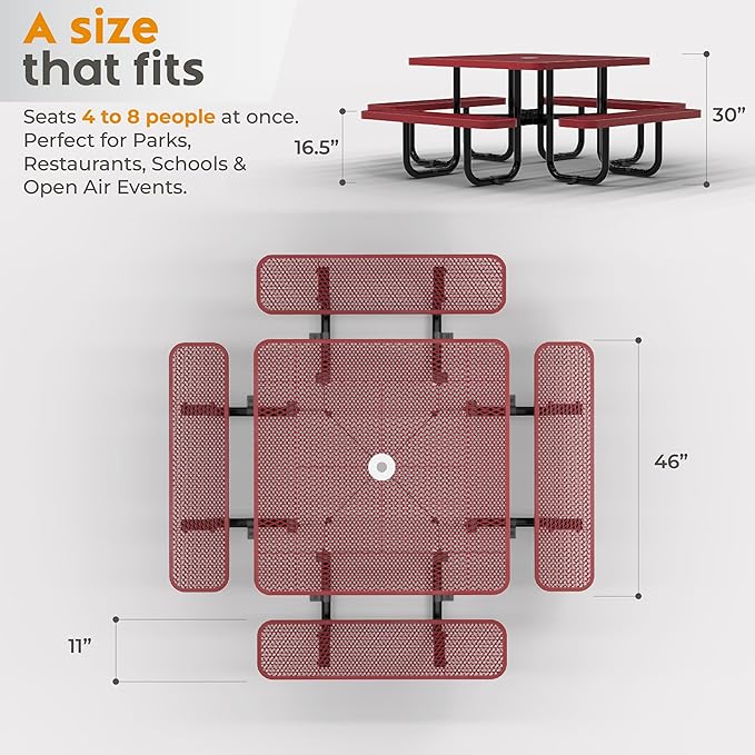 Metal Picnic Tables for Outdoors with Umbrella Hole - Coated Steel Heavy Duty Commercial Grade Furniture with Adjustable Seats (Red, 46 in, Square, Expanded Steel)