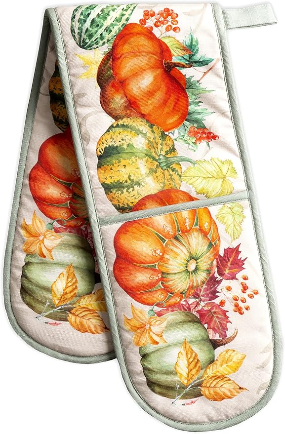 Maison d' Hermine Double Oven Mitt (7" x 35") 100% Cotton Heat Resistant BBQ Cooking Gloves with Loop for Thanksgiving Christmas Decorations Baking Cooking Barbeque Handling Hot Pan (Lumina)