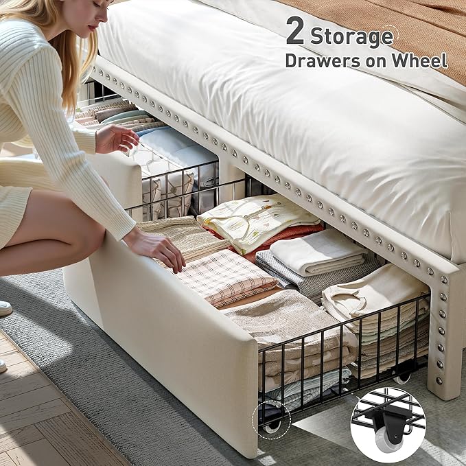 EnHomee King Size Bed Frame with 2 Storage Drawers, Upholstered Platform Bed with LED Lights and Charging Station, Sturdy Wooden Slats Support, No Box Spring Needed, Noise Free, Beige