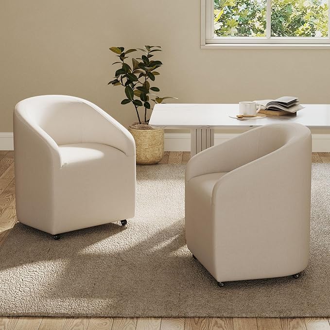 White Barrel Dining Chairs Set of 2, Modern Swivel Barrel Chairs with Wheels Casters Arms Back Comfy Linen Beige Upholstered Rolling Dining Chairs for Living Room Kitchen Bedroom