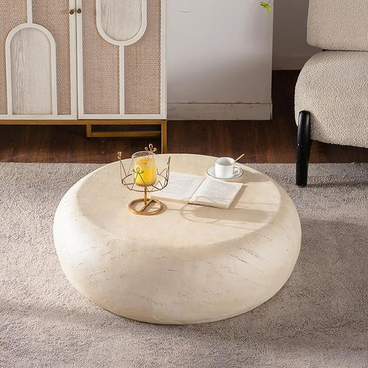 35.43" MgO Round Centre Coffee Table Vintage Faux Stone Sofa Pre-Modern Coffee Tables for Living Room Office Apartment,Beige