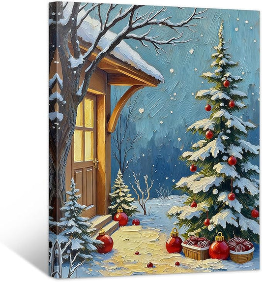 Framed Christmas Pictures Wall Decor,Vintage Pine Tree Prints,Winter Christmas Canvas Wall Art Decoration for Bedroom Bathroom Living Room Rustic Xmas Holiday Gifts (Christmas Tree 21, 16'' X 24'')
