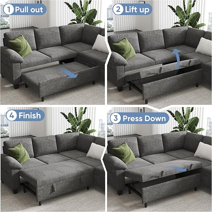 100" Modular Sectional Sleeper Sofa with Pull Out Bed,U Shaped 7 Seat Sectional Sofa with Storage,Modular Couch for Living Room,Deep Seat Couch with Removable Sofa Cover,Gray
