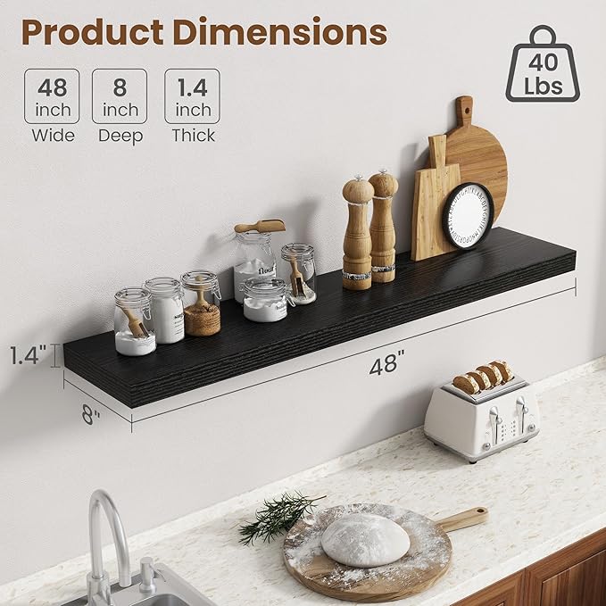 48 Inch Floating Shelves for Wall, 8 Inch Deep Floating Shelf for Storage & Display, Rustic Wall Mounted Shelf with Invisible Brackets for Living Room, Kitchen, Bathroom, Home Decor, Set of 2, Black