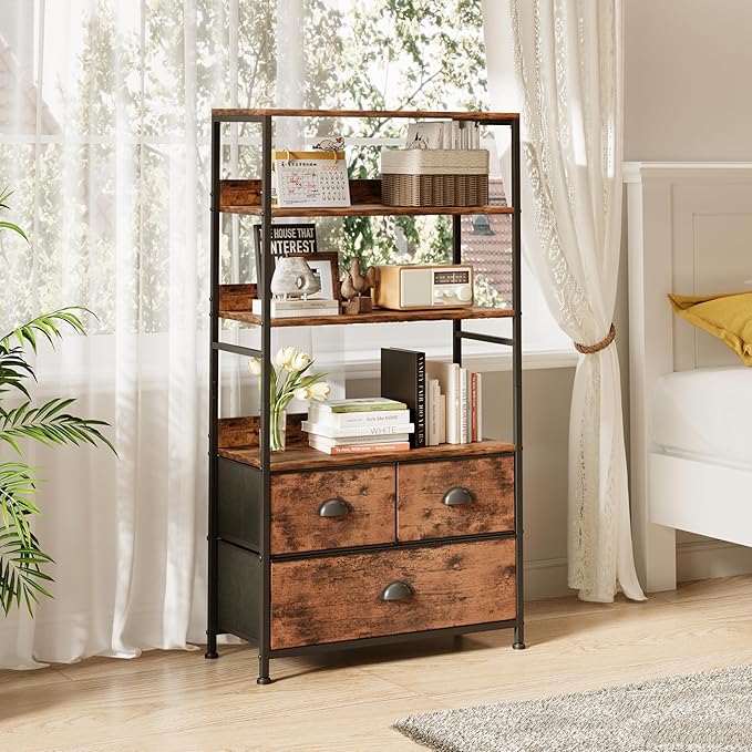 6 Tier Bookshelf, 47-Inch Small Bookcase with 3 Fabric Storage Drawers, Wood and Metal Book Shelf Storage Organizer, Industrial Display Standing Shelf Unit for Bedroom, Living Room, Rustic Brown