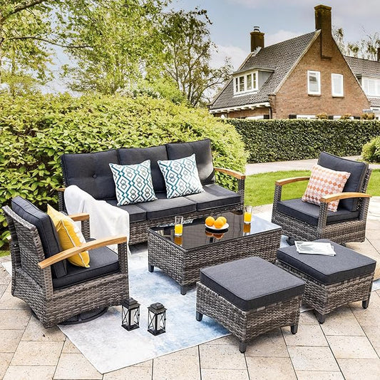 MEISSALIVVE Patio Furniture Sets, 6 Pieces Outdoor Rattan Furniture Conversation Sets with 2 Wood Armrests Swivel Rocker Chairs, 2 Ottoman, 3-Seat Sofa and Coffee Table(Grey)