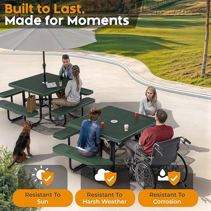 Metal Picnic Tables for Outdoors with Umbrella Hole - Coated Steel Heavy Duty Commercial Grade Furniture with Adjustable Seats (Green, 46 in, Square, Expanded Steel)