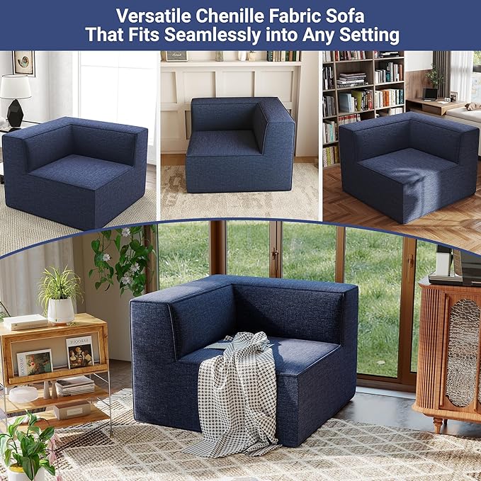 38“ Modular Sectional Sofa Convertible Cube Couch Seat Set, Combine L-Shaped U-Shaped, Free Assembly, Space-Saving for Living Room, Thick Foam Fabric Chenille Blue (Only Corner)
