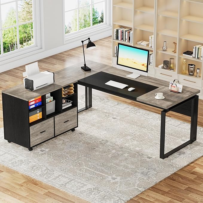 Tribesigns L-Shaped Executive Desk with Reversible File Cabinet, 63" Office Desk with Storage Drawers, L-Shaped Computer Desk with Drawer Cabinet for Hanging Letter Size Files (Gray & Black)