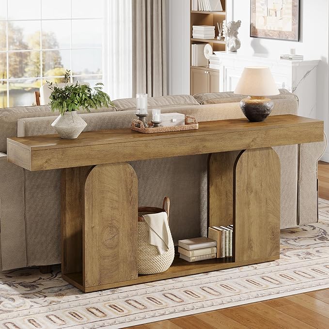 Tribesigns 70.9-Inch Extra Long Sofa Table, Farmhouse Console Tables with Wood Frame and Storage Shelf, 2-Tier Wood Table Behind Couch for Living Room, Hallway, Foyer, Light Brown