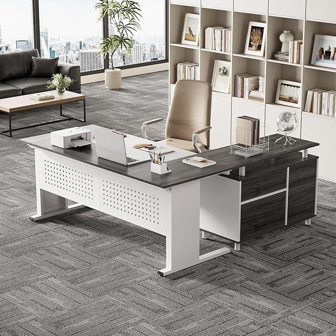 LITTLE TREE Large Computer Desk with File Cabinet, 63-Inch Executive Desk L Shaped Office Desk with Drawers and Storage Shelves, Business Furniture Desk Workstation for Home Office (Grey + White)