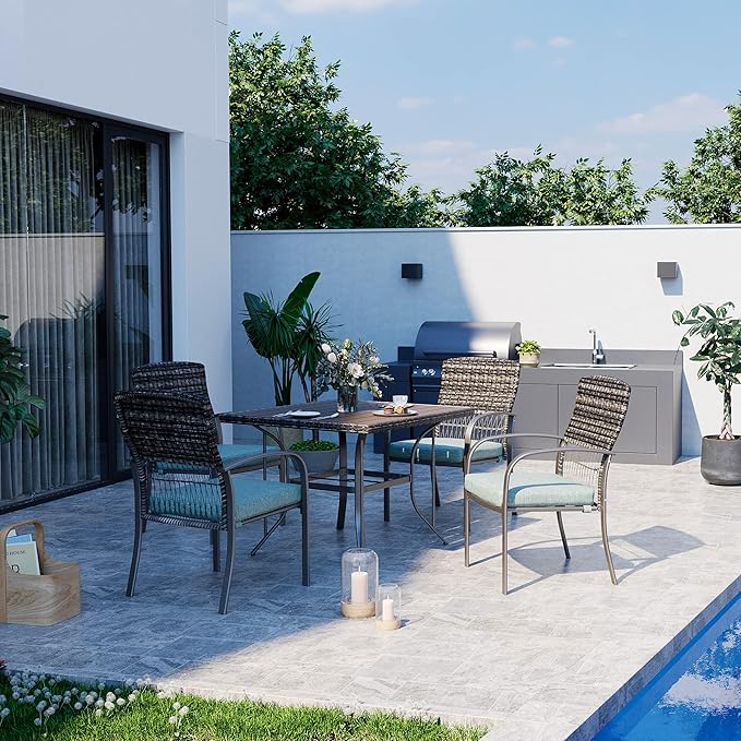 Pamapic 5 Piece Patio Dining Set, Green, Weather Resistant PE Rattan Table and Chairs, Comfortable Cushions, Easy Maintenance