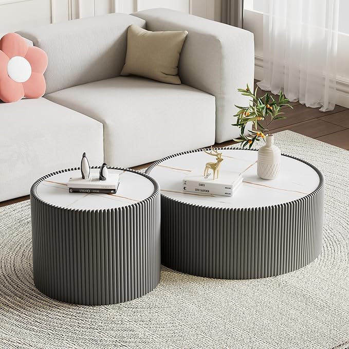 Round Coffee Table Set with Sintered Stone Tabletop, 29.52" Grey Drum Center Table and 17.71" Grey Coffee Table Set, 2 Pieces Living Room Table Set with Fluted PU Leather Cover& Stable Base