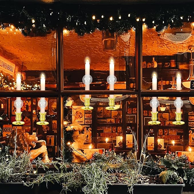 YAUNGEL Christmas Window Candles, 12 Pack Battery Operated Flameless Taper Candles for Windows with Timer Remote, Electric Candle Lights with Candle Holders Suction Cups for Christmas