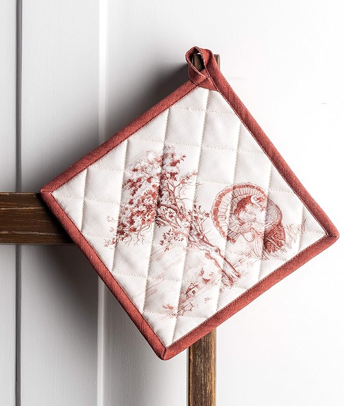 Maison d' Hermine Pot Holders Set 100% Cotton Heat Resistant Potholders 8" x 8" Hot Pads with Loop for Thanksgiving Christmas Decorations BBQ Baking Handling Hot Pans (Pack of 2, Holy Jouy - Red)