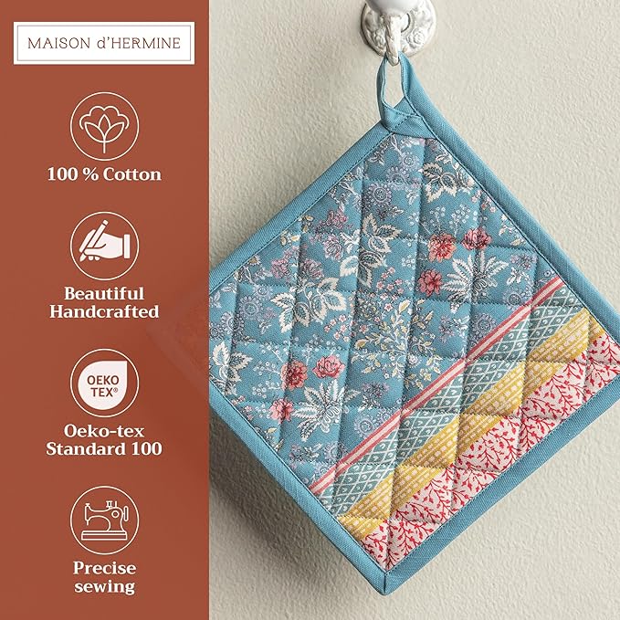 Maison d' Hermine Pot Holders 100% Cotton Heat Resistant Potholders 8" x 8" Hot Pads with Loop BBQ, Cooking, Baking, Grilling, Kitchen, Handling Hot Pans Spring/Summer (Pack of 1, Marquise)