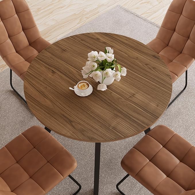 34.6'' Dining Table and Chairs for 2, Mid Century Modern Round Table Set, Space Saving for Apartment Kitchen Dining Room (Walnut Table+2 U-Shaped Brown Chairs)